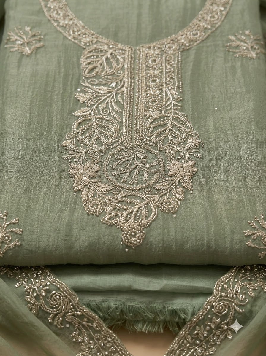 Pista Green Tissue Embroidered Unstitched Dress Material