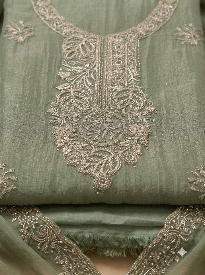 Pista Green Tissue Embroidered Unstitched Dress Material