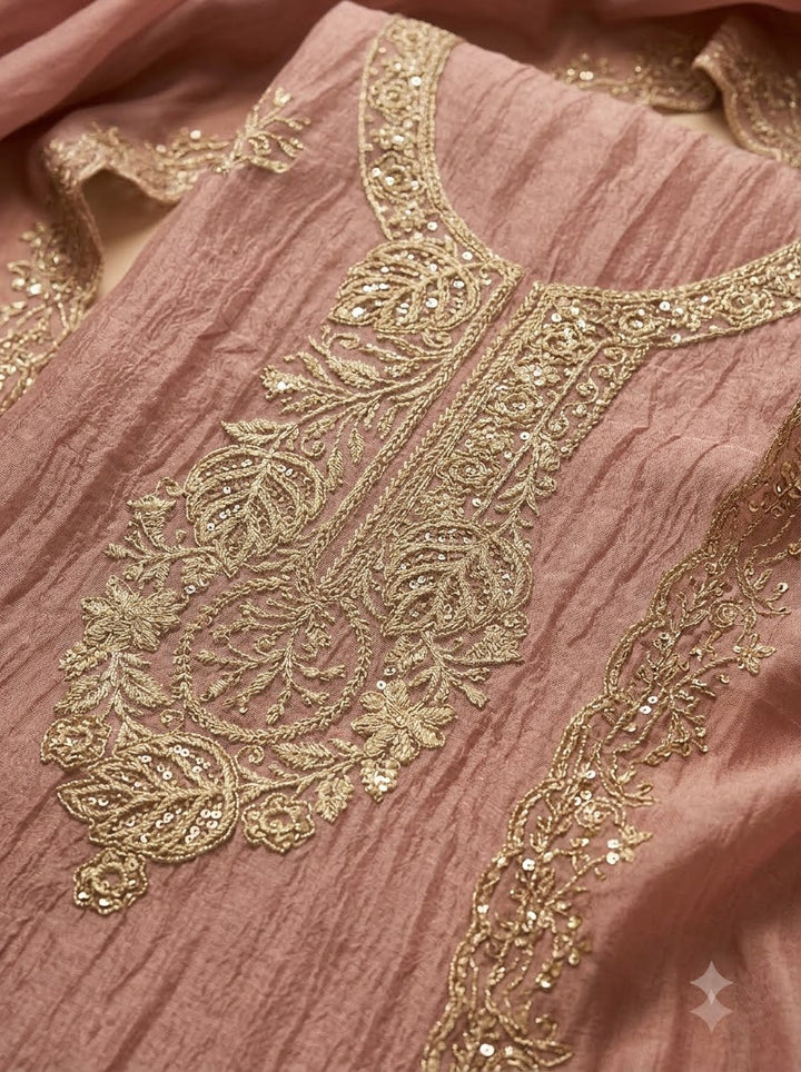 Peach Tissue Embroidered Unstitched Dress Material