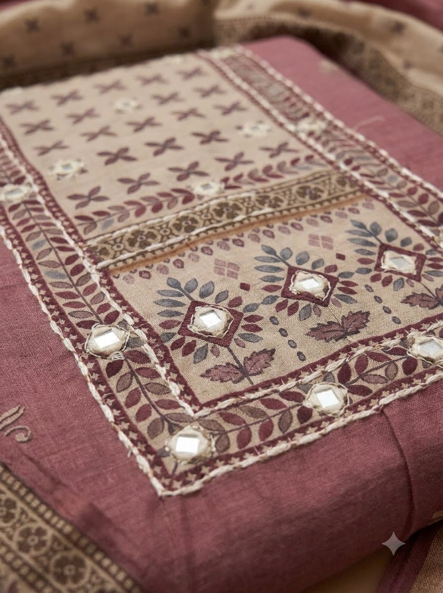 Onion Pink Linen Blend Printed Unstitched Dress Material
