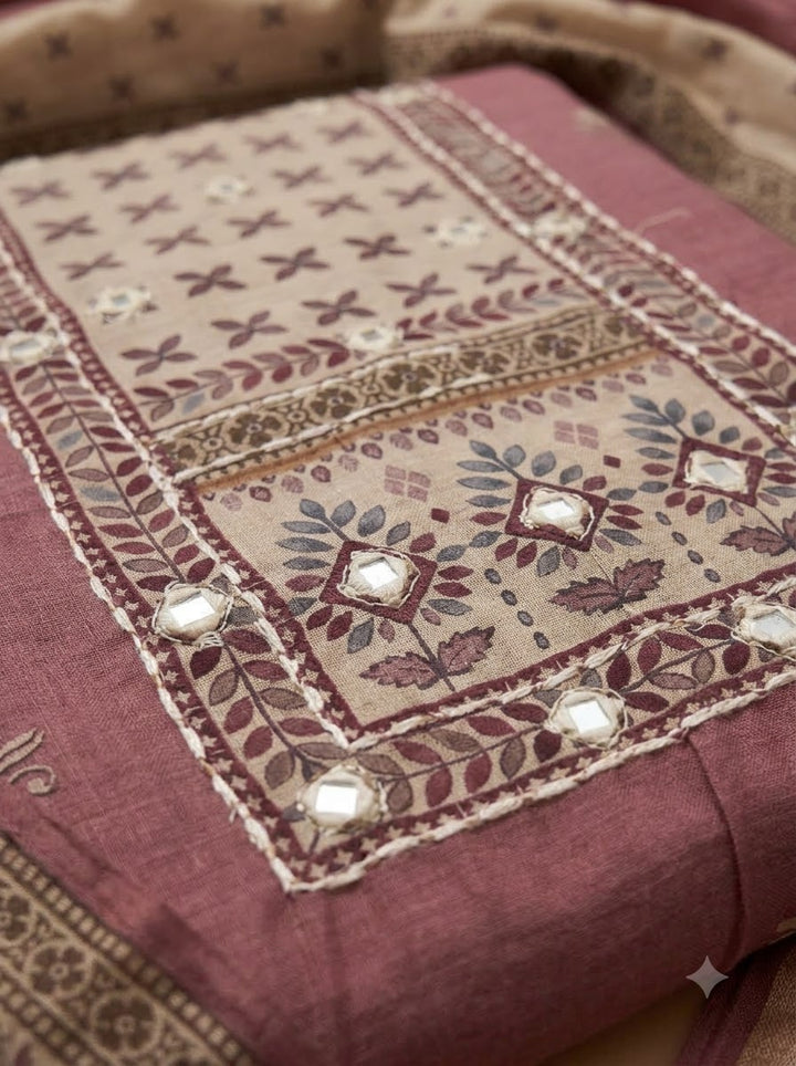 Onion Pink Linen Blend Printed Unstitched Dress Material