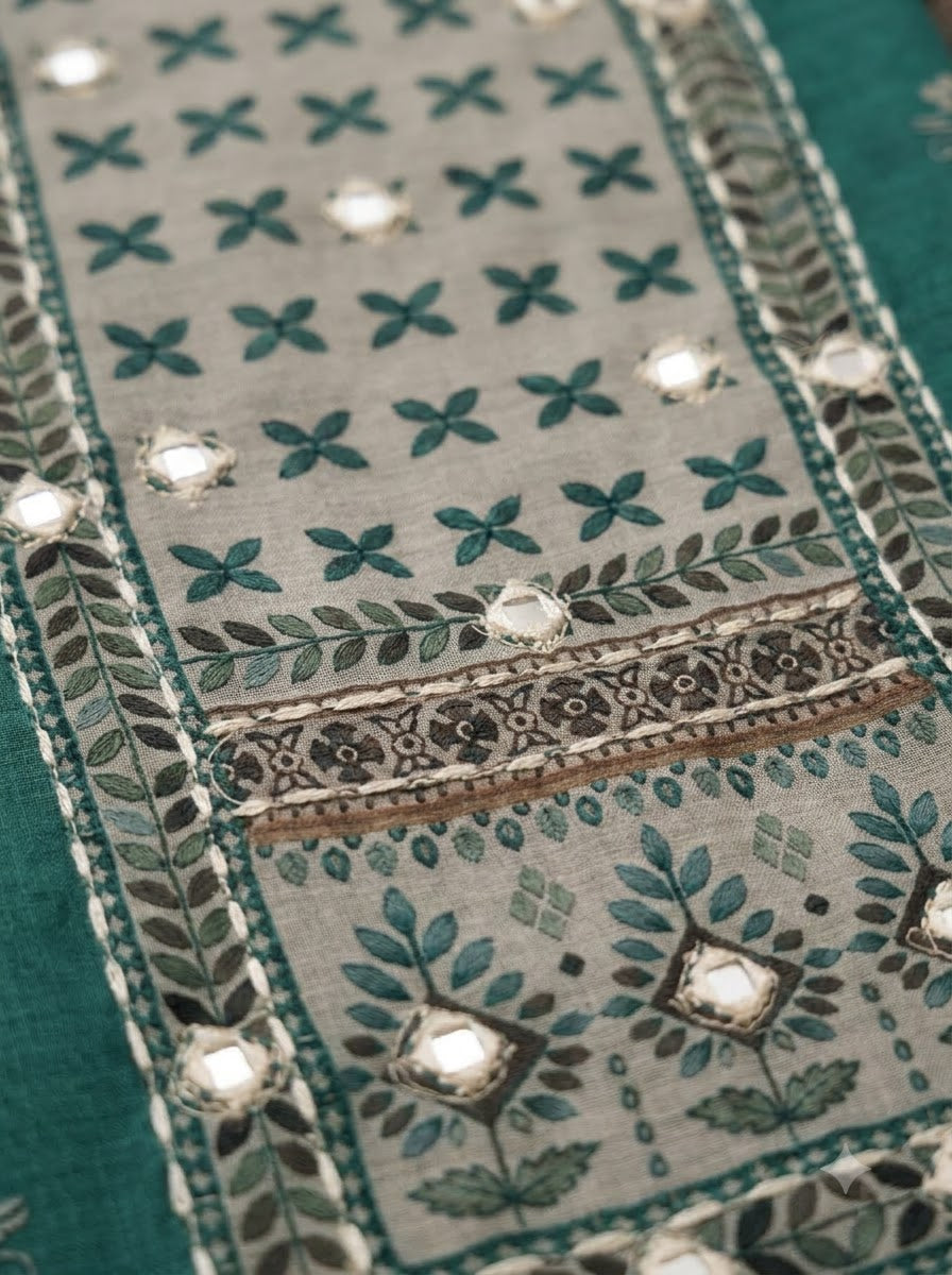 Green Linen Blend Printed Unstitched Dress Material