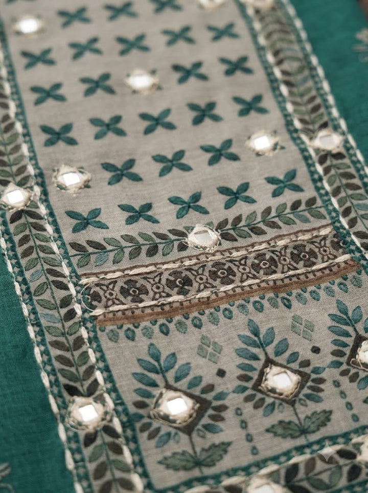 Green Linen Blend Printed Unstitched Dress Material