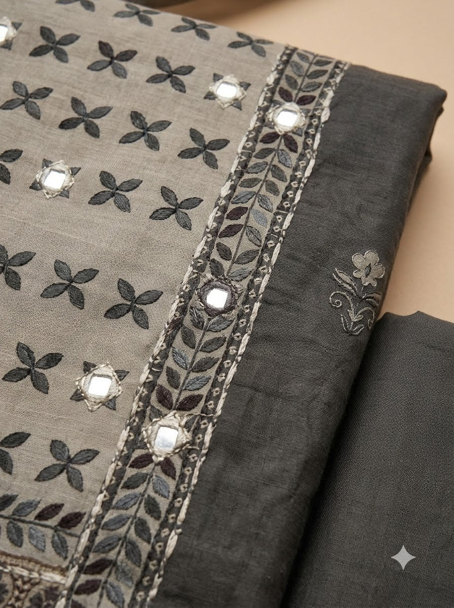 Grey Linen Blend Printed Unstitched Dress Material