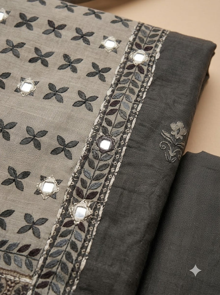 Grey Linen Blend Printed Unstitched Dress Material