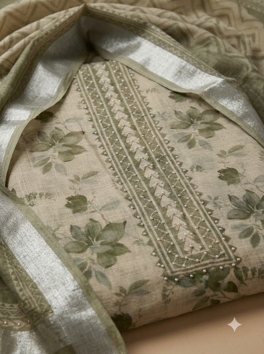 Aqua Linen Blend Embroidered Unstitched Dress Material