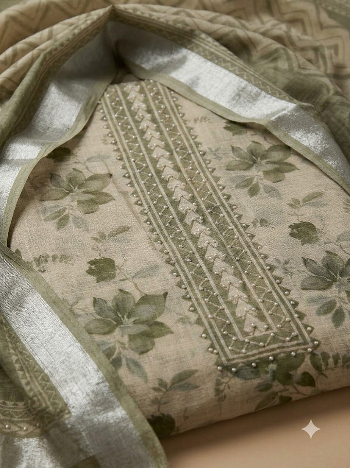 Aqua Linen Blend Embroidered Unstitched Dress Material