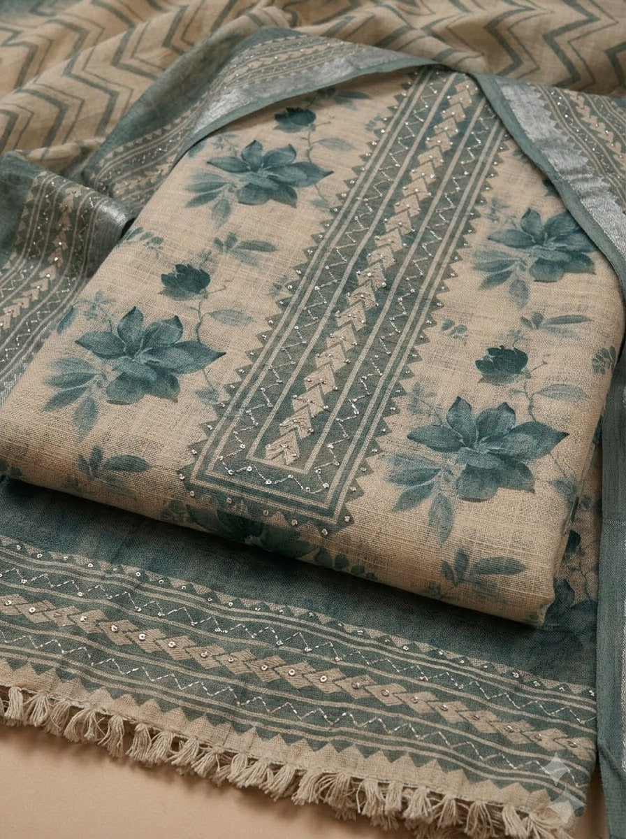Rama Green Linen Blend Embroidered Unstitched Dress Material