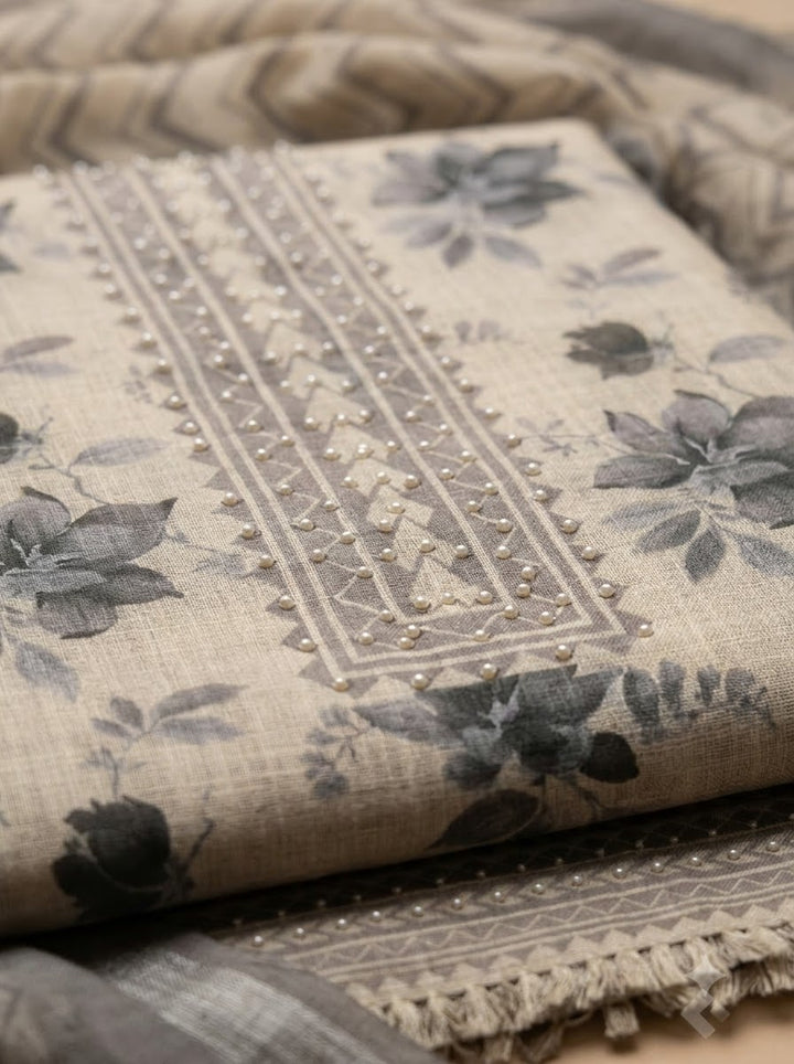 Grey Linen Blend Embroidered Unstitched Dress Material