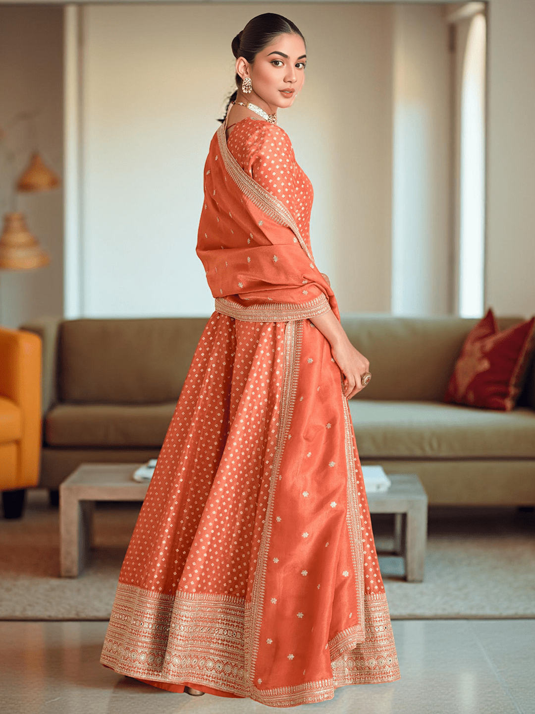 Banarsi Weave Tissue Kurta With Legging &amp; Dupatta