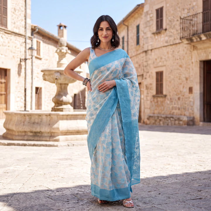 Sky-Blue Woven Design Cotton Saree
