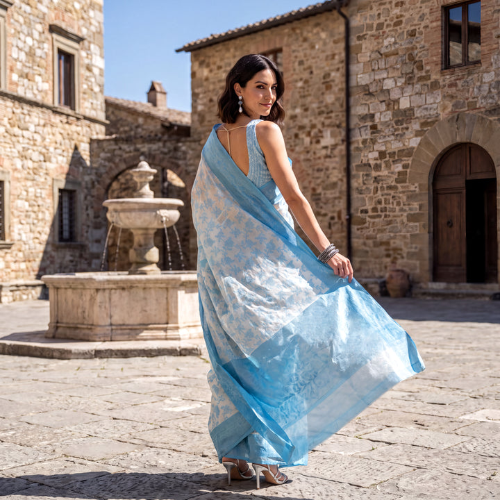 Sky-Blue Woven Design Cotton Saree