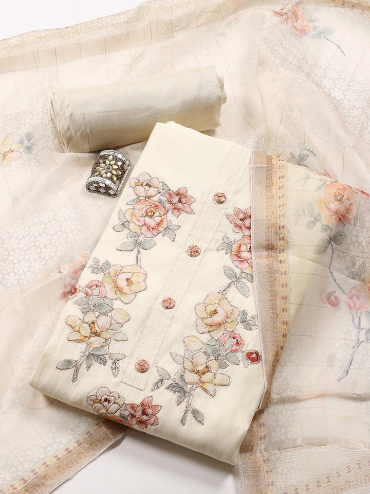 Neck Embroidered Cotton Blend Unstitched Suit Piece With Dupatta