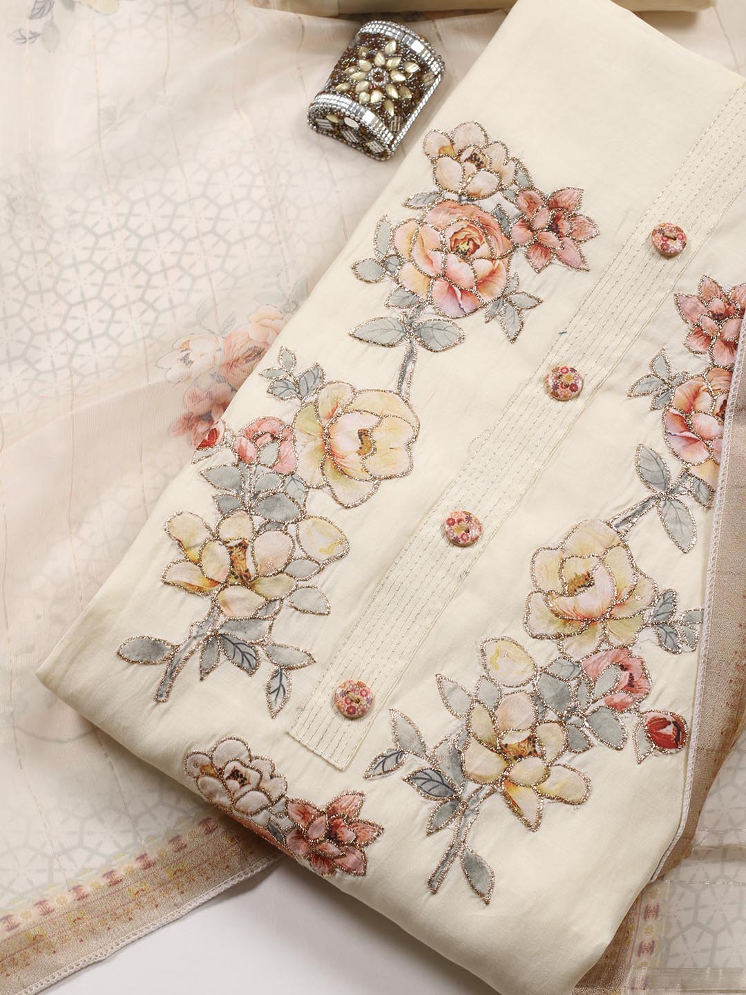 Neck Embroidered Cotton Blend Unstitched Suit Piece With Dupatta
