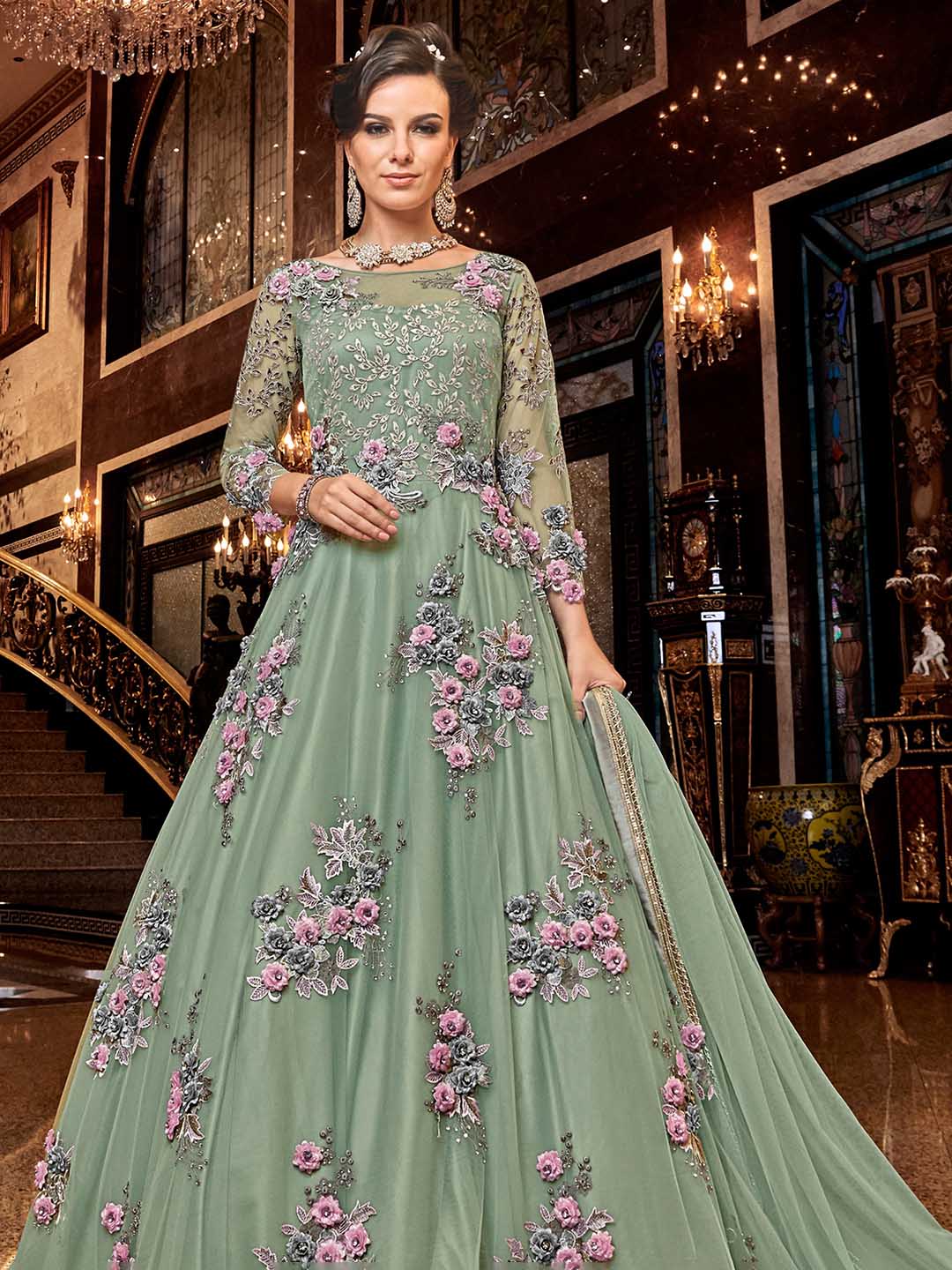 Embroidered Net Semi Stitched Suit