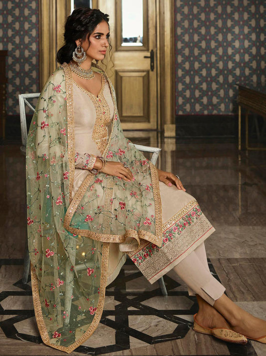 Zari Embroidery Tusser Silk Semi Stitched Suit