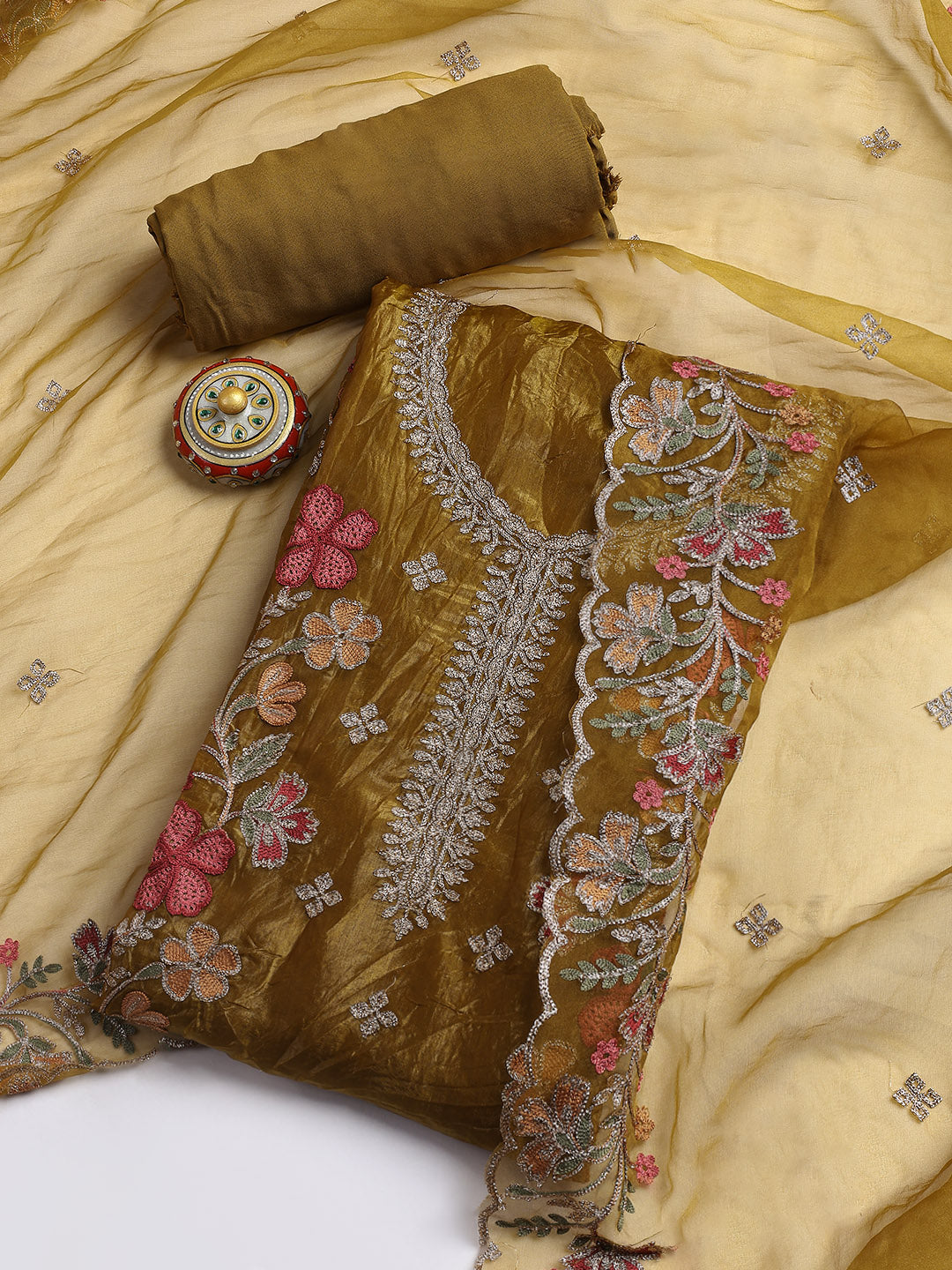 Neck Embroidery Organza Unstitched Suit Piece With Dupatta