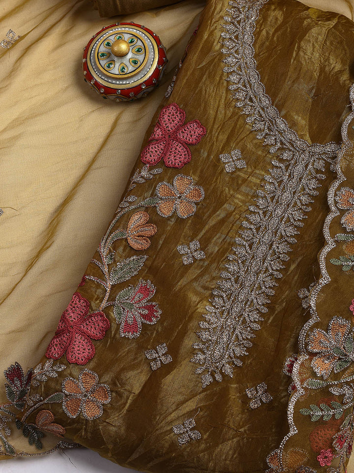 Neck Embroidery Organza Unstitched Suit Piece With Dupatta