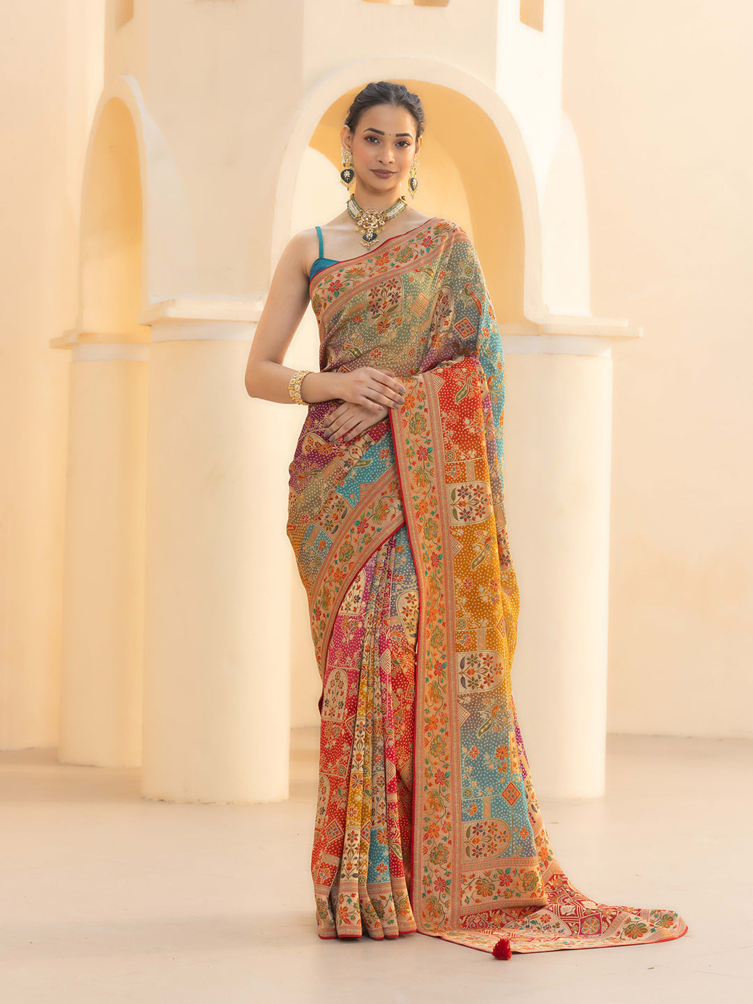 Printed &amp; Plain Georgette Saree