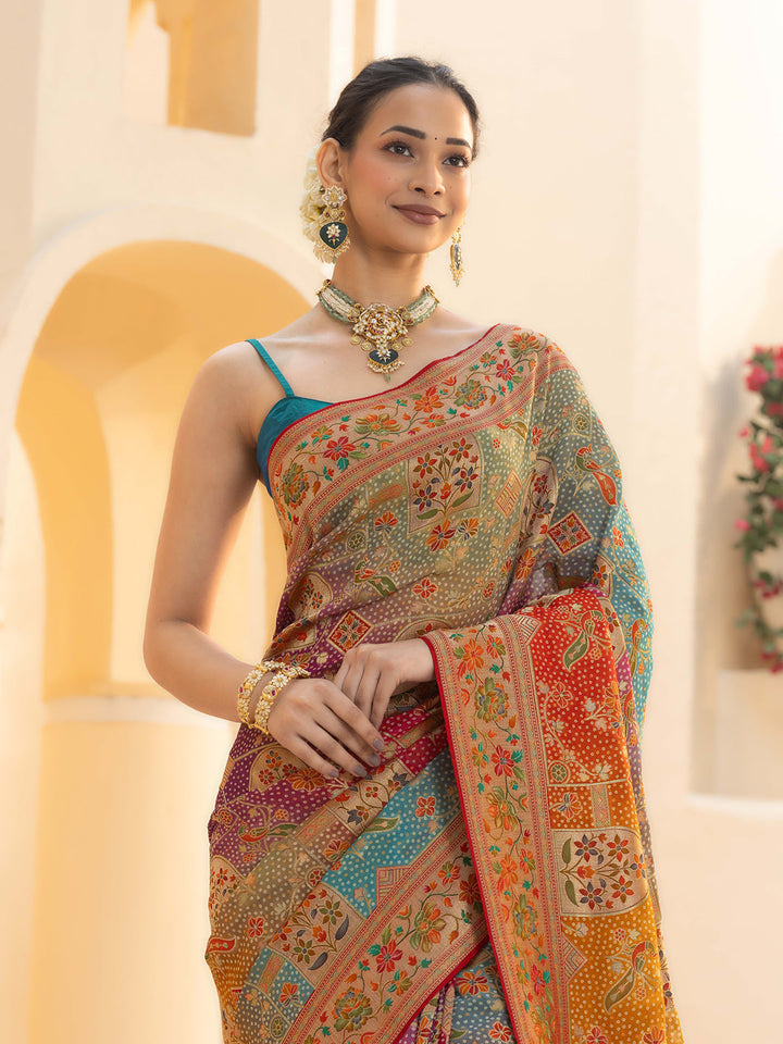 Printed &amp; Plain Georgette Saree