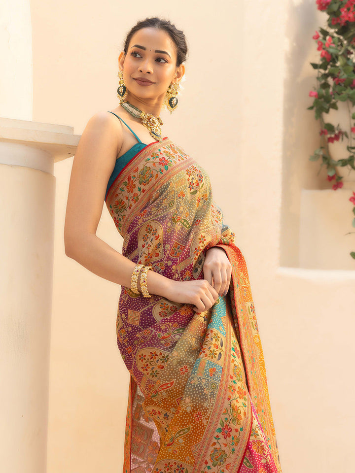 Printed &amp; Plain Georgette Saree