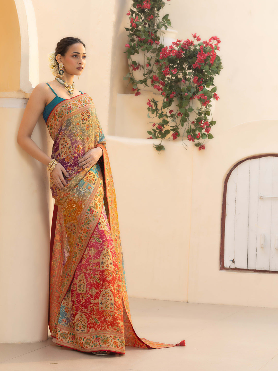 Printed &amp; Plain Georgette Saree