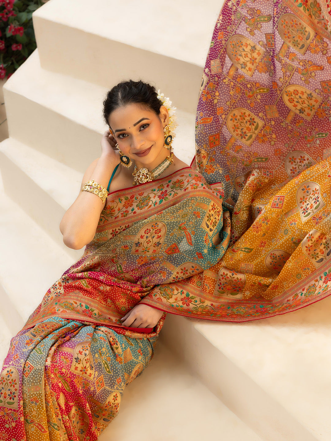 Printed &amp; Plain Georgette Saree