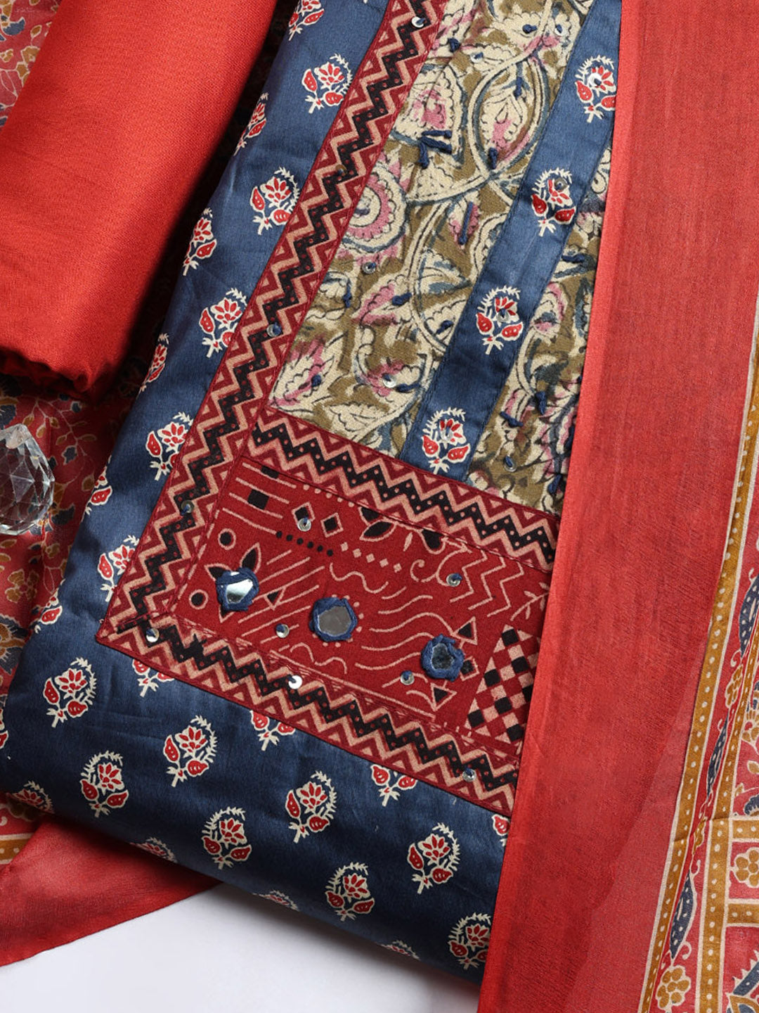 Printed Cotton Blend Unstitched Suit With Pant &amp; Dupatta