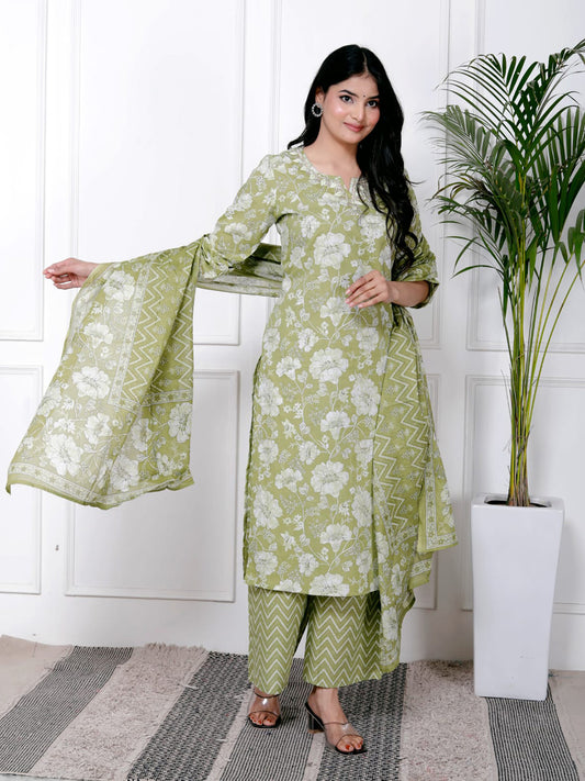 Printed Cotton Blend Kurta With Pants & Dupatta