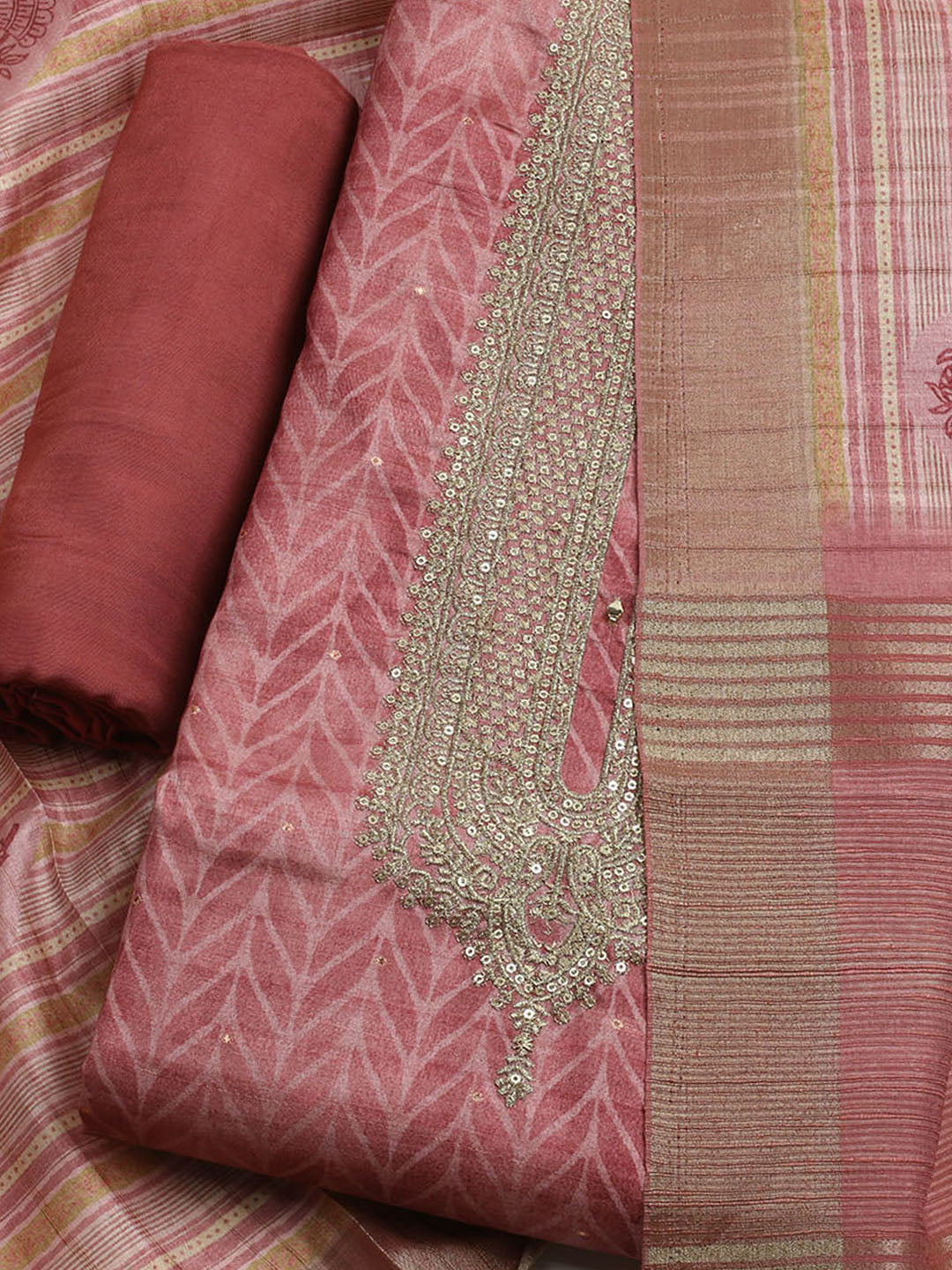Embroidered Tussar Unstitched Kurta With Pant & Dupatta