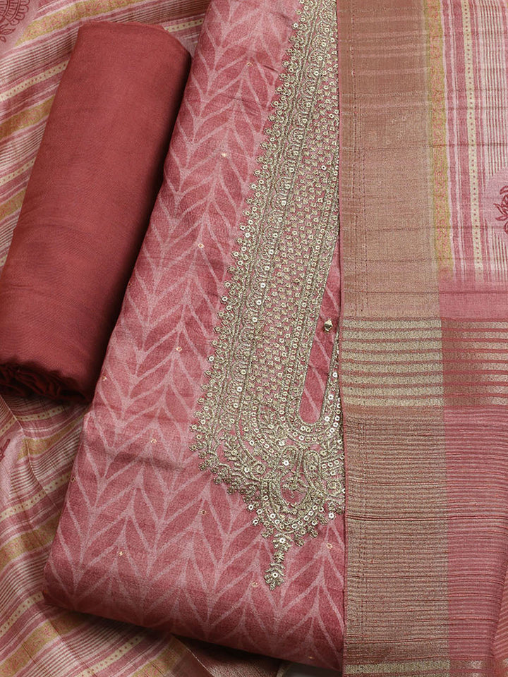 Embroidered Tussar Unstitched Kurta With Pant &amp; Dupatta