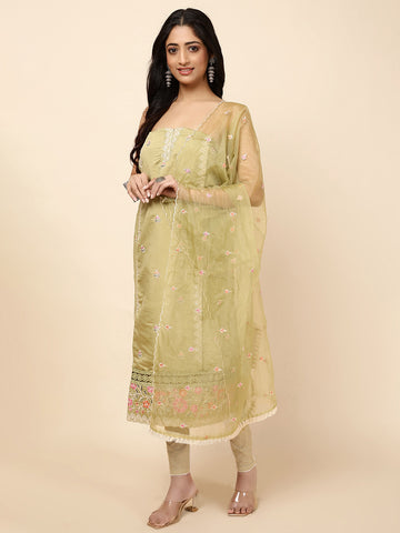 Neck Embroidered Chanderi Unstitched Suit With Dupatta