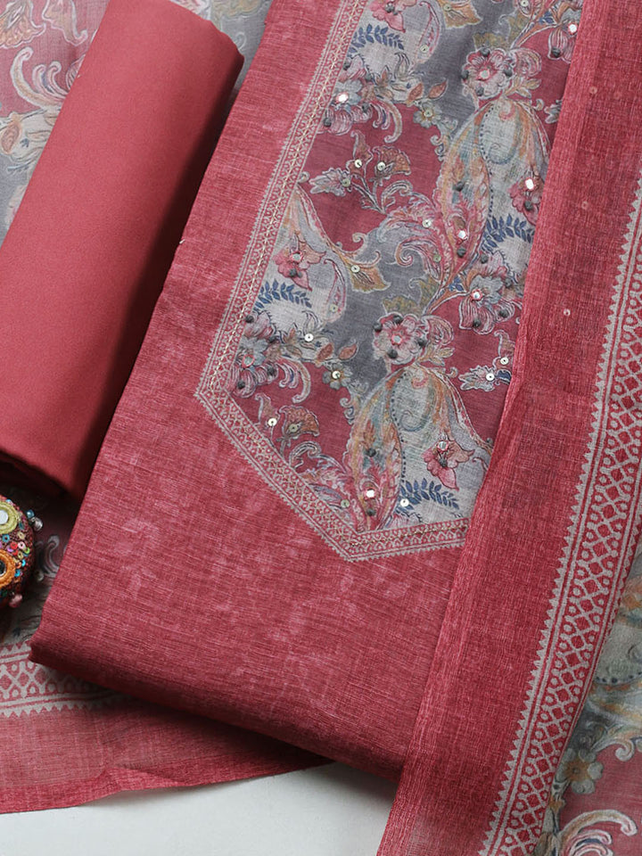 Embroidered Linen Blend Unstitched Suit With Pant &amp; Dupatta