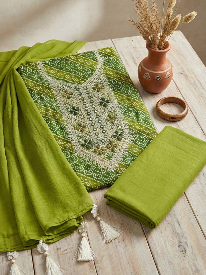 Printed Cotton Blend Unstitched Suit With Pant &amp; Dupatta