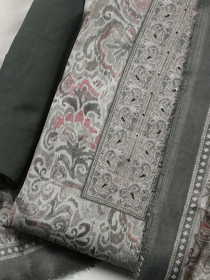 Embroidered Linen Blend Unstitched Suit With Pant &amp; Dupatta