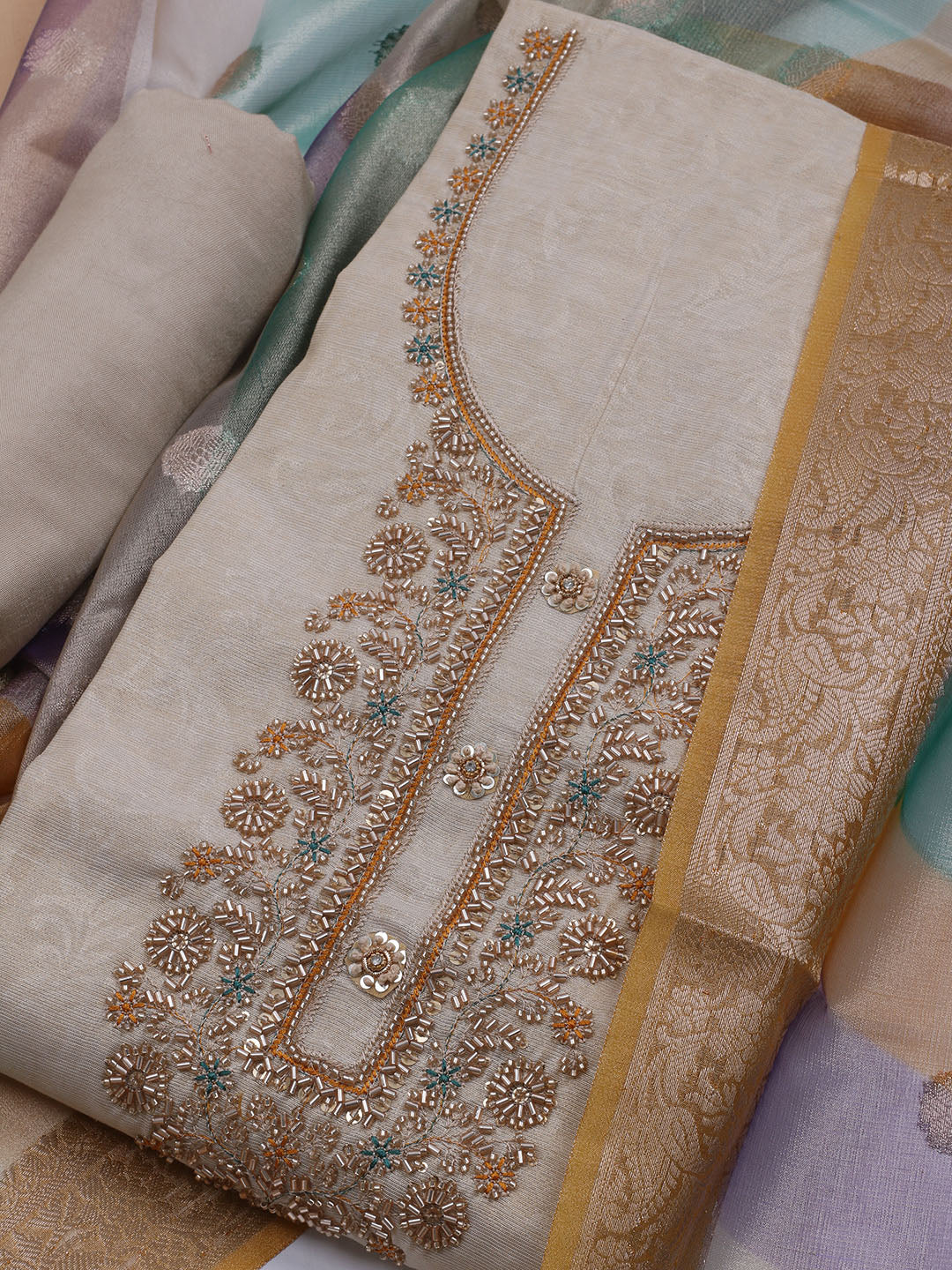 Neck Embroidered Tissue Unstitched Suit With Dupatta