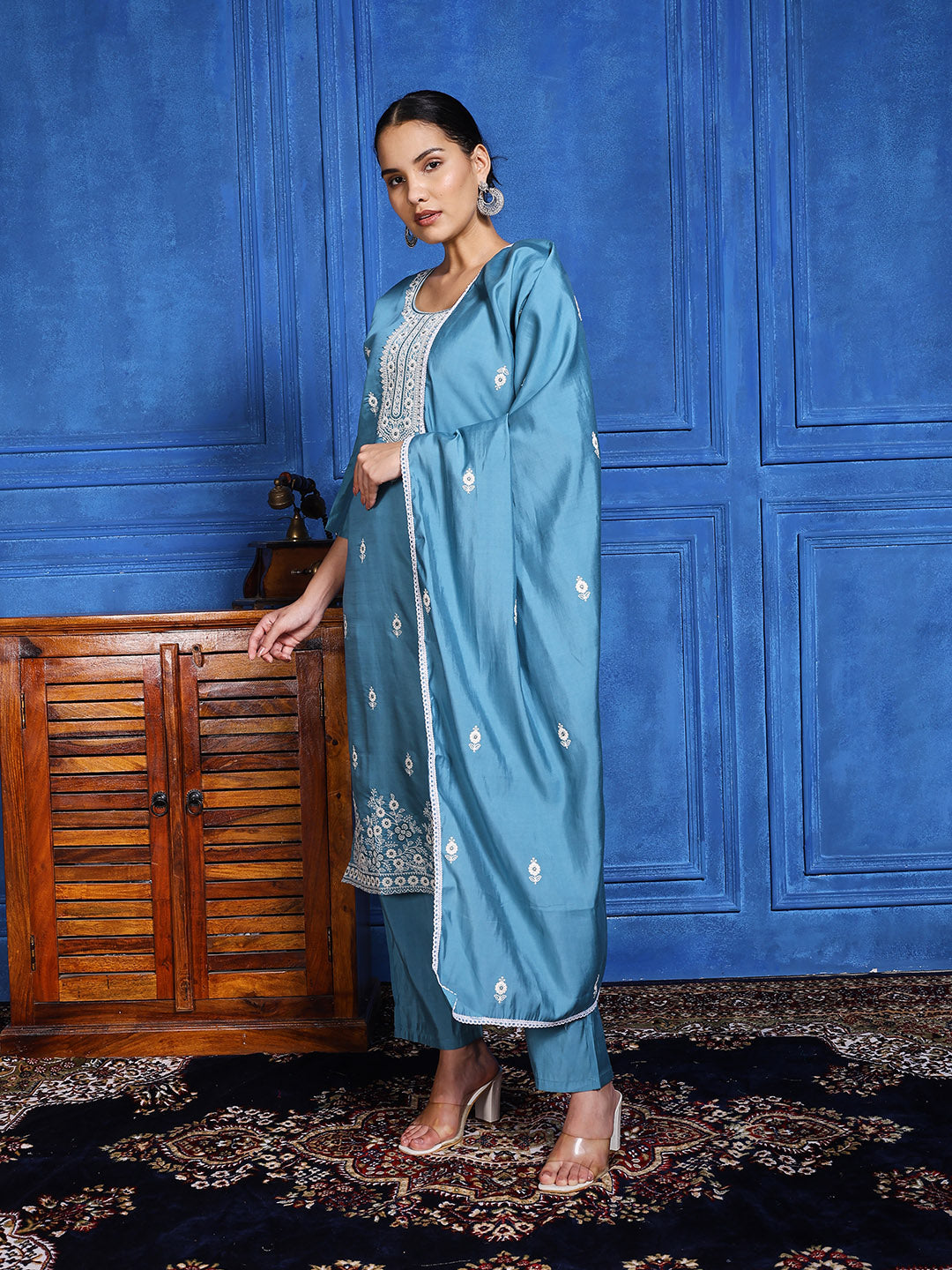 Printed Cotton Blend Kurta With Pants & Dupatta