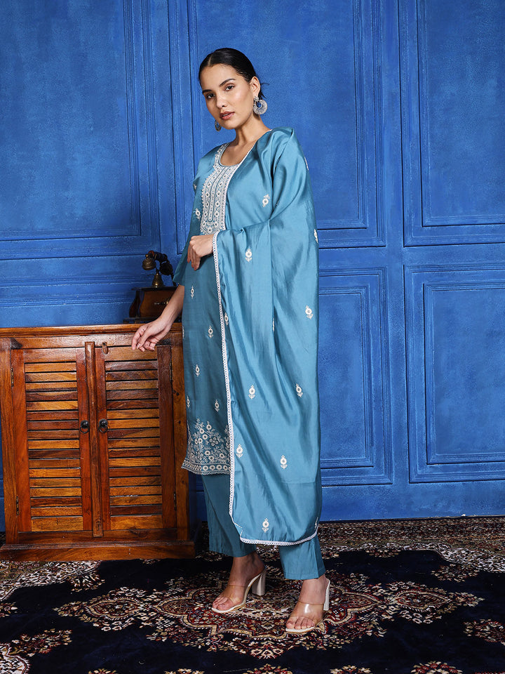 Printed Cotton Blend Kurta With Pants &amp; Dupatta