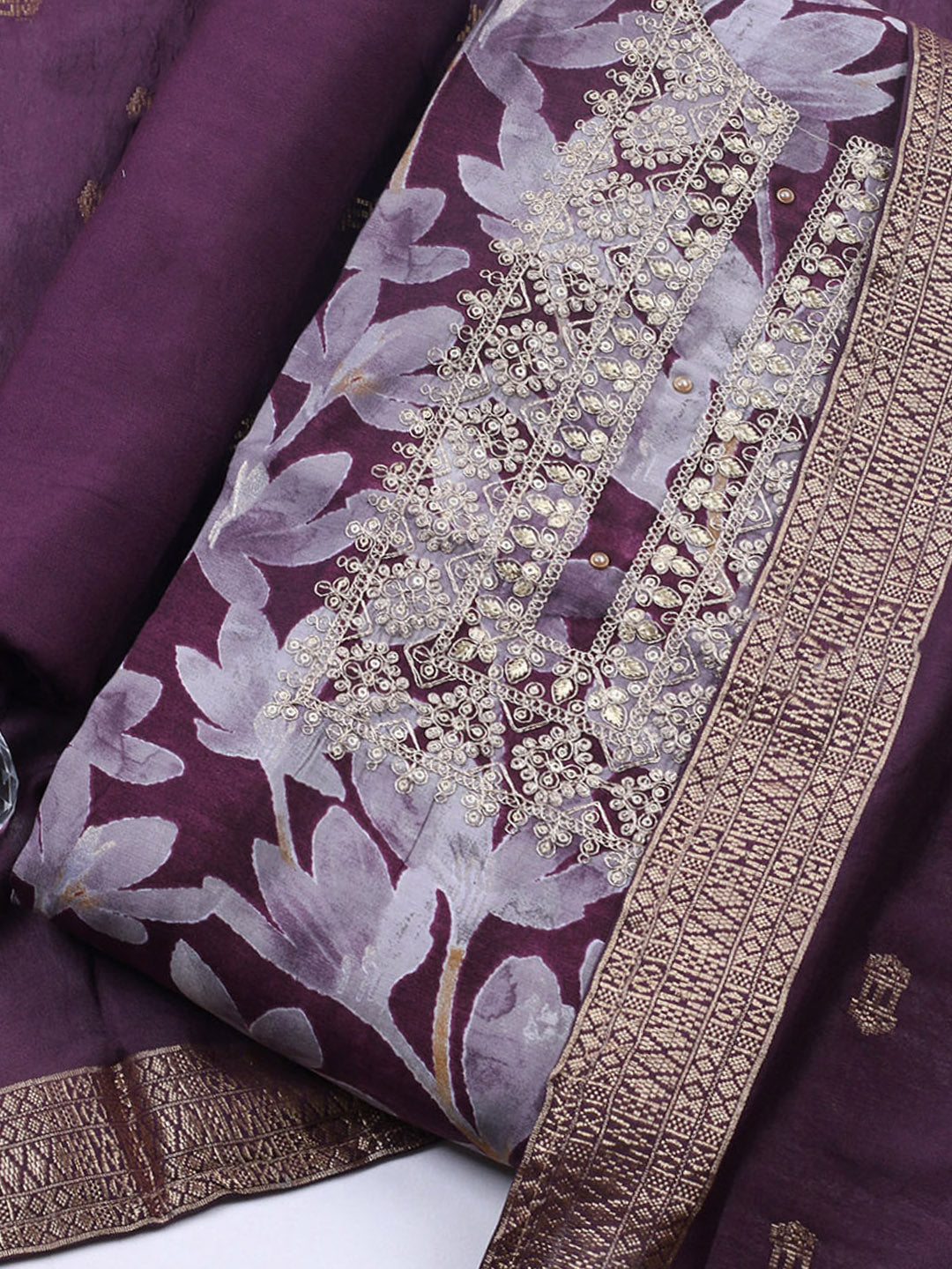 Printed Cotton Blend Unstitched Suit With Pant &amp; Dupatta