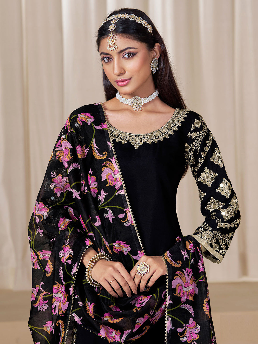 Embroidered Art Silk Semi Stitched Kurta With Patiala Salwar &amp; Dupatta