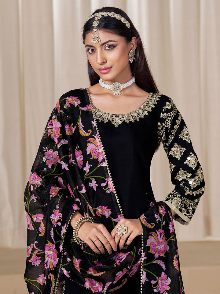 Embroidered Art Silk Semi Stitched Kurta With Patiala Salwar &amp; Dupatta