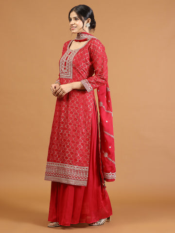 Neck Embroidery Banarasi Kurta With Palazzo & Dupatta