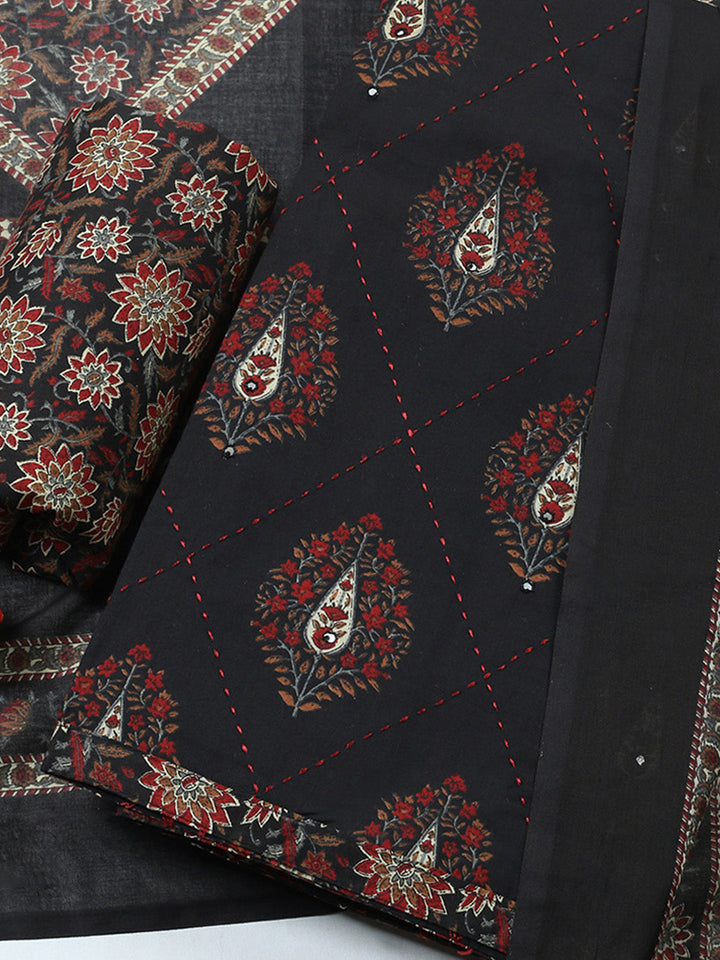 Embroidered Cotton Blend Unstitched Suit With Pant &amp; Dupatta