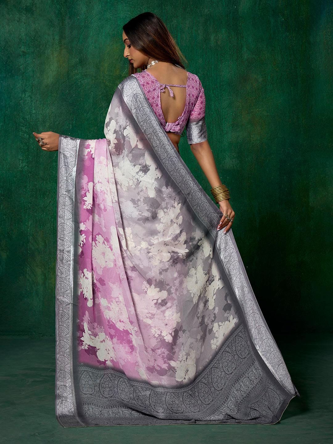 Ombre Floral Printed Georgette Saree