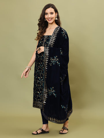 Neck Embroidered Velvet Unstitched Suit Piece With Dupatta