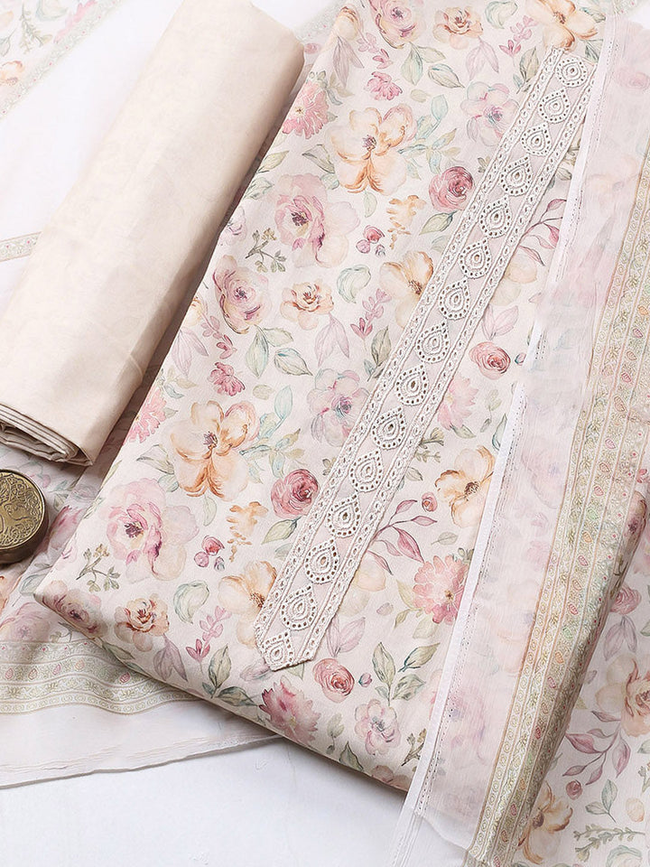Embroidered Cotton Blend Unstitched Suit With Pant &amp; Dupatta