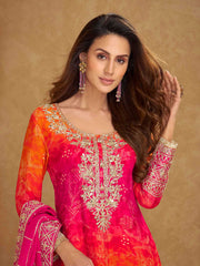 Embroidered Chinon Kurta With Plazzo & Dupatta