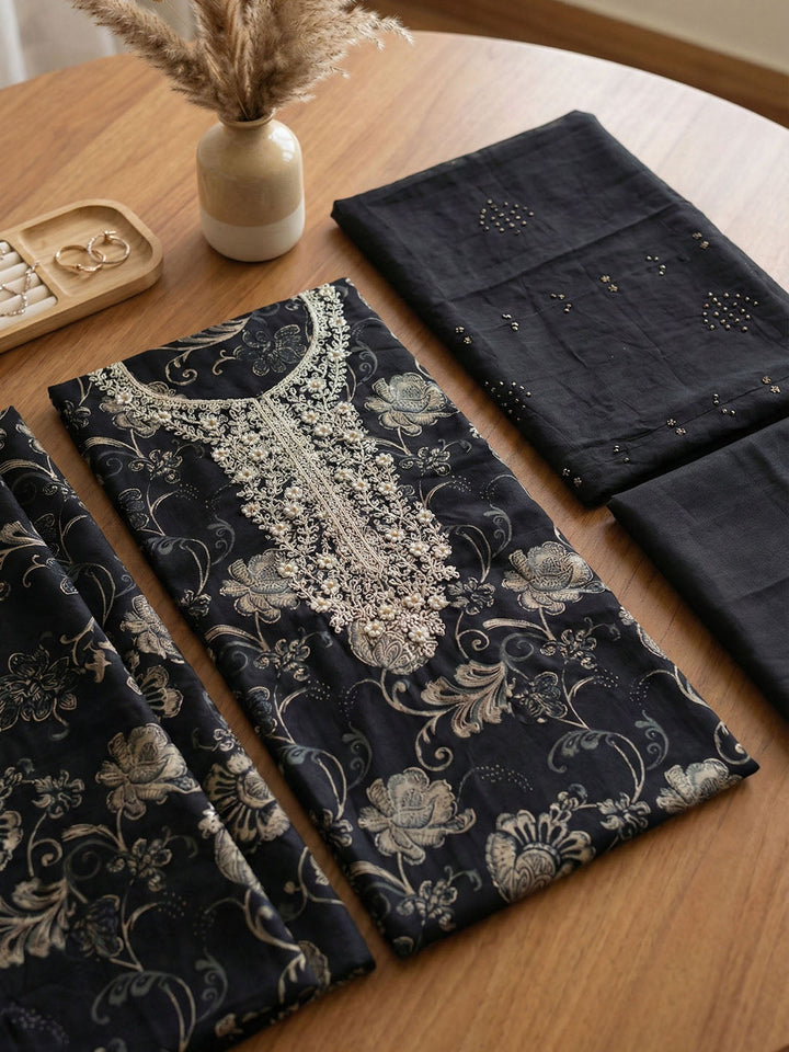 Embroidered Cotton Blend Unstitched Suit With Pant &amp; Dupatta