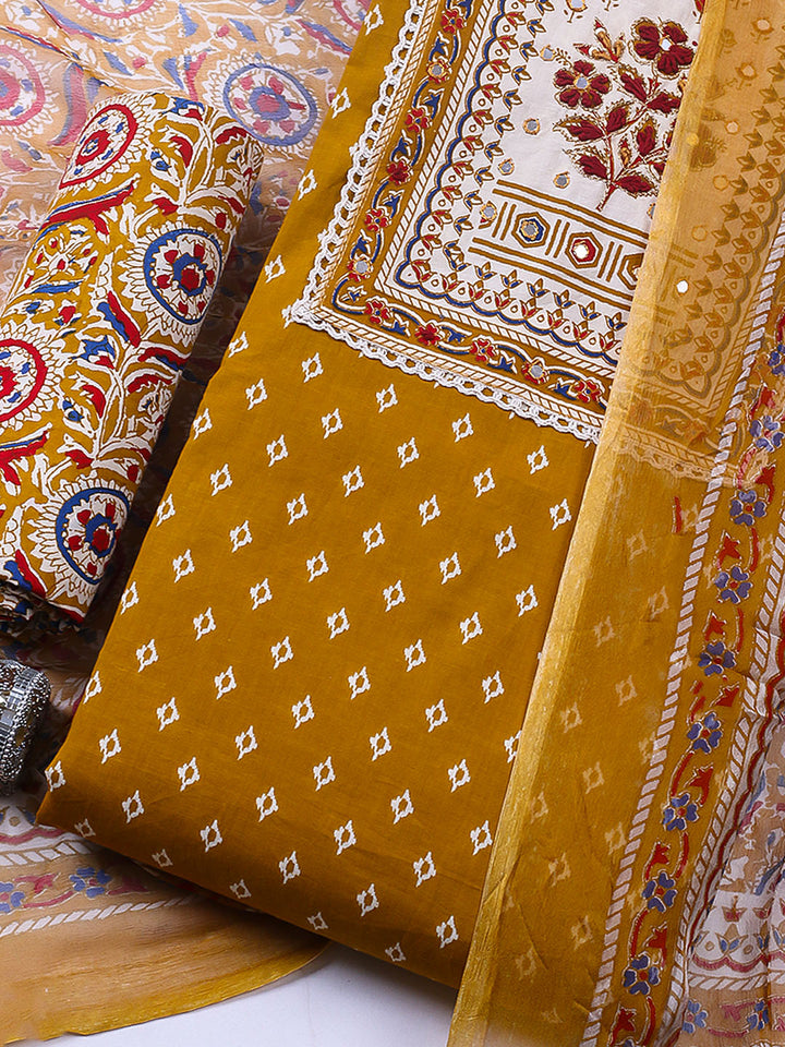 Embroidered Cotton Blend Unstitched Suit With Pant &amp; Dupatta
