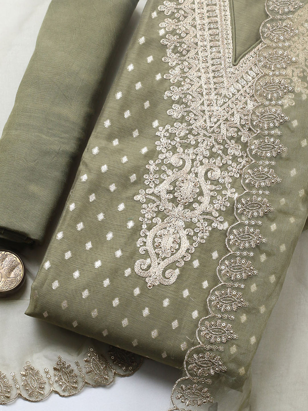 Embroidered Chanderi Unstitched Suit With Pant &amp; Dupatta